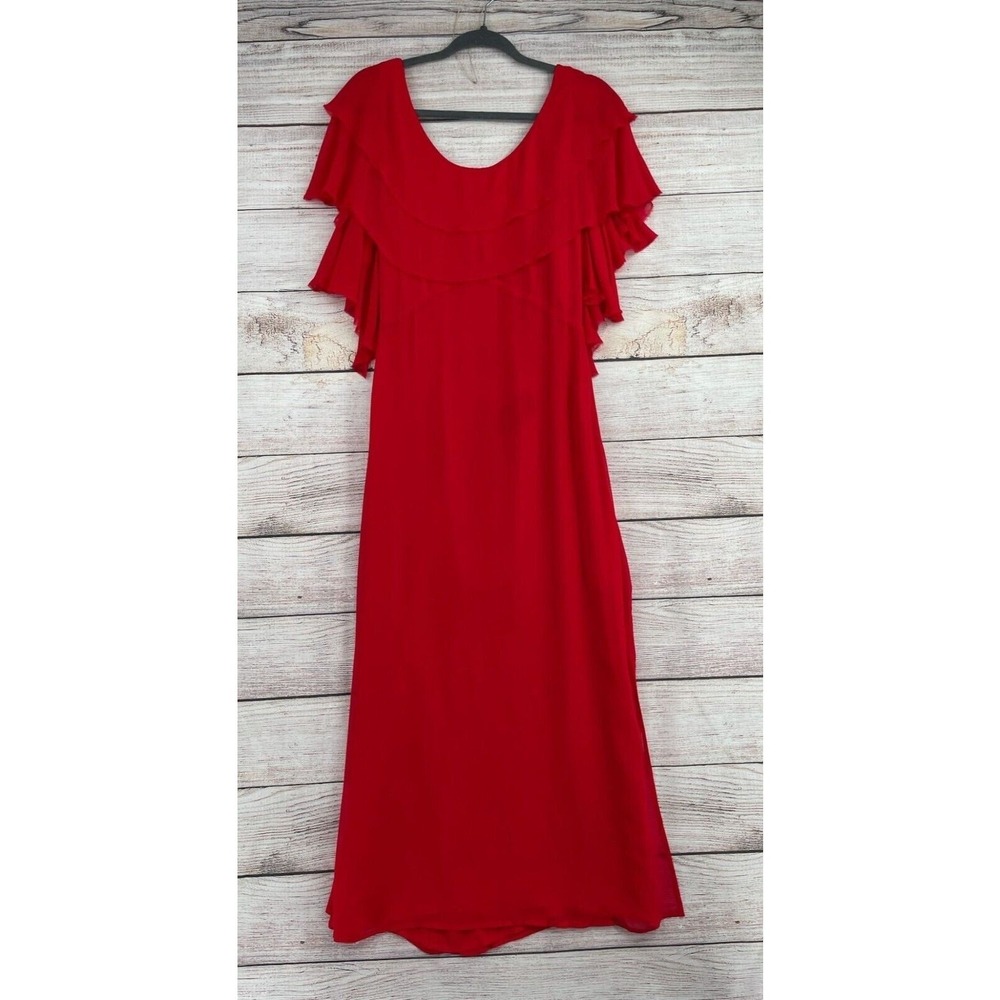Reformation Ruffle Maxi Dress Women Size 10 Red Tiered Scoop Back Viscose